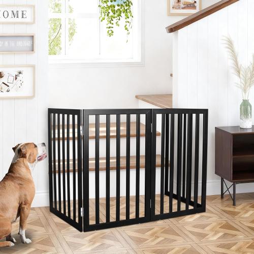 ZJSF Freestanding Indoor Dog Gate for House Foldable Wood Black Puppy Gate for Doorways Pet Gate for Stairs Extra Wide Pet Fence 32 Height 2 Panels