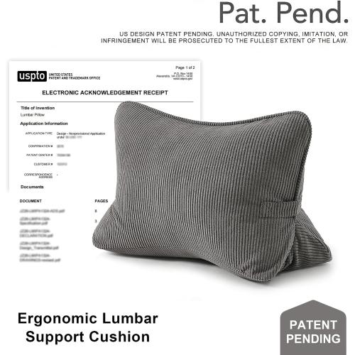 Pat. Pend. Corduroy Lumbar Support Backrest Pillow for Sitting & Reading, Ergonomic Triangle Cushion for Sofa, Armchair & Bed, Removable Cover, Dark Grey