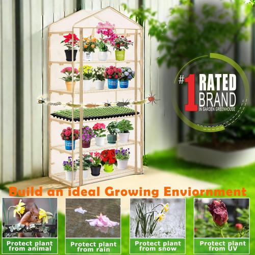 Beige Garden 50% Extra Wide Mini Greenhouse 5 Tier Portable Plant Green House 40 in Wide -Sturdy Gardening Shelves with PE Cover & Roll-Up Zipper Door-19″W. x 40″L. x63″H(PLGH1005OWP)