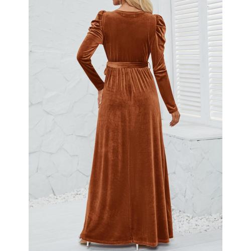 Size  S....Women's Velvet Maxi Dress Fall 2025 Long Puff Sleeve Crew Neck Elastic High Waist Cocktail Party Bridesmaid Dresses