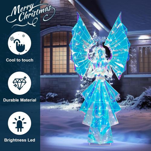 5.5FT Pre-lit Lighted Angel, Prismatic Iridescent Angel Outdoor Christmas Decorations with 110 LED Lights, Plug-in Giant Xmas Angel for Yard, Garden, Porch, Outdoor Holiday Decor