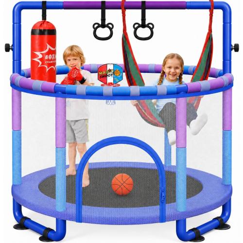 Yohood 55 Trampoline for Kids with Enclosure, 6-in-1 Toddler Trampoline Indoor Outdoor, Upgrade Full Anti-Rust Tube with Adjustable Gymnastics Bars for Boys Girls