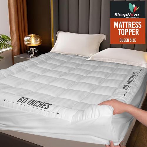 White 100% Cotton Top Queen Mattress Topper, Breathable & Cooling Mattress Topper, Elastic Fitted Mattress Pad, Mattress Cover for Back Pain Relief