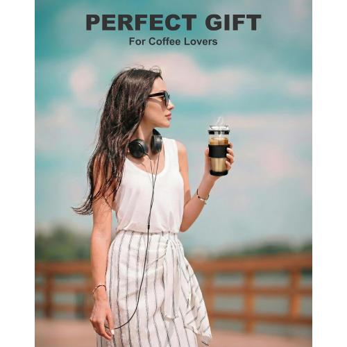 14oz Double Walled Glass Coffee Tumbler with Full Glass Lid & Silicone Sleeve - Non-Slip Insulated Travel Mug with Protective Bottom Bumper - 100% Plastic-Free