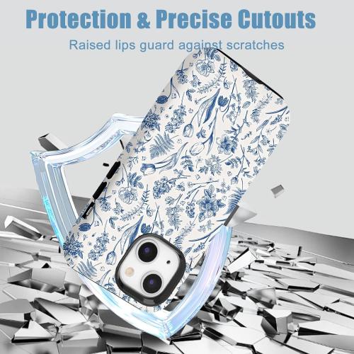 Compatible for iPhone 15 Plus Case Vintage Blue Flowers Florals Cute Aethetic Design for Women Girls [Compatible with Magsafe] Rugge 2-in-1 Layer Shockproof Anti-Scratch Phone Case