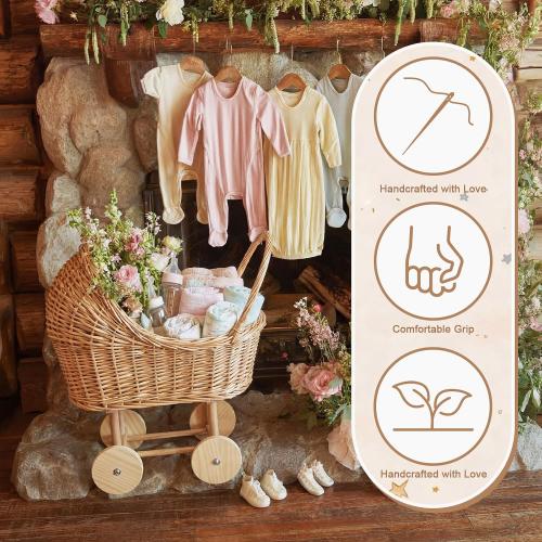Wicker Baby Carriage for Baby Shower Vintage Wicker Stroller Woven Rattan Flower Basket Rustic Decorative Cart Storage with Handle for Floral Arrangement Wedding Photo Props(Wood Color,20 in)