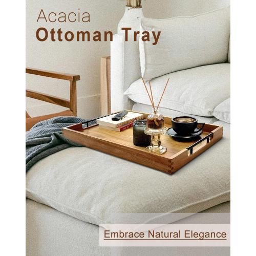22 Inches Acacia Wood Serving Tray with Metal Handles, Large Wooden Rectangle Ottoman Tray, Decorative and Durable Design for Living Room Coffee Table Couch Kitchen
