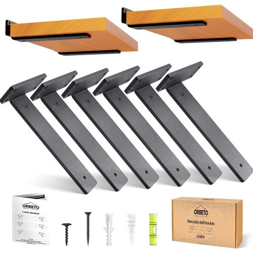 6 Pack Heavy Duty Shelf Brackets (12) Black Metal (6mm Thick), Supports Over 160 Lbs, Powder Coated, Mounting Hardware, Easy Installation
