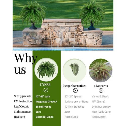 GYERB 48 Large Artificial Boston Fern Plants for Outdoor Indoor, Fake Ferns for Front Porch Hanging, Faux Greenery Bushes for Home Garden Office Decor, Silk Fern with Realistic Fronds, 88 Branches