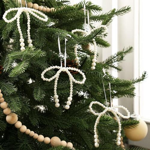12 Pcs Pearl Bow Ornaments Bowknot Tree Topper Decor Hanging Ornament Pendant Gift for Wedding Birthday Party Indoor Decoration (White)