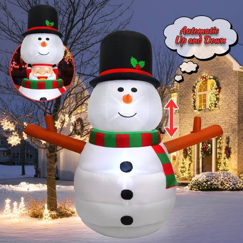 6FT Christmas Inflatable Outdoor Decorations Animated Snowman Santa Claus Pop Up Xmas Blow Ups Holiday Yard Decor with LED Lights Winter Lighted Snow Man Blowup for Outside Indoor Party Lawn Garden