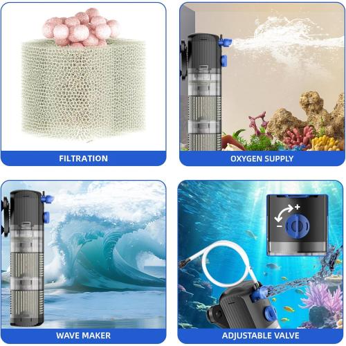 FREESEA Aquarium Filter Fish Tank: 8W Submersible Internal Power Filter 3-Stage Filtration System for 40-100 Gallon Turtle Tanks