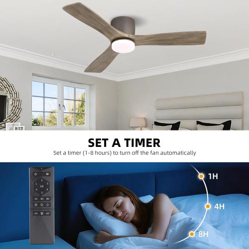 WINGBO 48 Inch Flush Mount DC Ceiling Fan, 3CCT Dimmable Light, 3 Carved Wood Blades, 6-Speed Noiseless Reversible DC Motor, Hugger Low Profile Fan, Graphite Finish with Gray Blades, ETL Listed