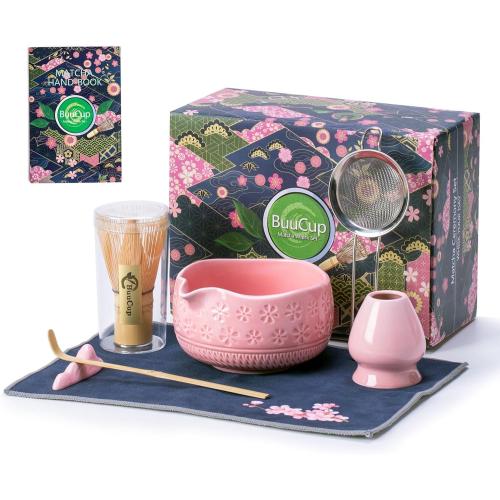 Matcha Whisk Set, Ceramic Matcha Set Includes Matcha Bowl, Matcha Whisk and Holder, Bamboo Scoop, Scoop Rest, Sifter and Tea Towel - 7 Pcs Matcha Kit for Matcha Lovers (Pink)