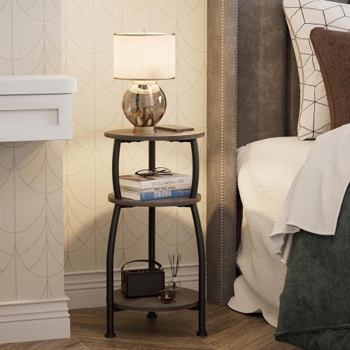 Small Round Side Table, 3-Tier End Table with Storage Shelf, Slim Sofa Table Coffee Table, Sturdy & Easy Assemble Nightstand for Small Spaces, Living Room Bedroom Corner, Grey