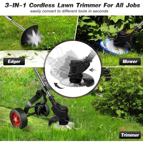 Electric Weed Wacker with Wheels, Cordless Weed Eater 2000mAh 21V Battery Operated, 3 in 1 Weed Trimmer Brush Cutter with Adjustable Telescopic Pole for Villas, Yards & Parks, Black, ELM001