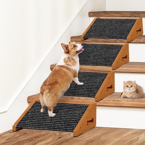 Extra Wide Dog Ramps for Stairs, Wooden Pet Ramp Stairs for Small Medium Dogs, Non-Slip Dog Pet Steps for Any Staircase, Stair Ramp for Injured Dogs with Anti-Slip Strip, 4 Pack