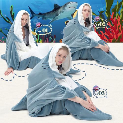 Touchat Shark Blanket for Adult & Kids Super Soft Cozy Flannel Throw Wearable Blanket, Cartoon Animals Shark Onesie Hoodie, Sleeping Bag Cosplay Shark Costume Blanket Gifts for Shark Lovers (Blue,M)