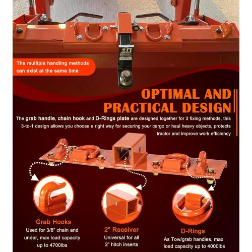 Bonbo Tractor Grab Hooks Compatible with Kubota Tractors - Bolted on Compact Tractor Bucket Grab Hooks with D Rings and 2 Receiver, Orange