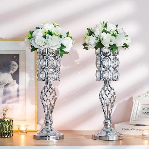 Set of 2 Silver Vases for Centerpieces - Metal Flower Stand with Bling Stones, Tall Vases for Wedding Table, Set of 2