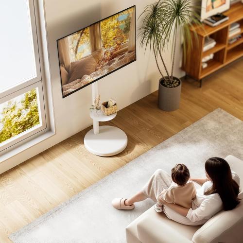 Height Adjustable Rolling TV Stand for 37-86 Inch TV up to 110 Pounds, Portrait to Landscape, Heavy Duty Mobile TV Cart with Shelf Max VESA 600x400mm (White)