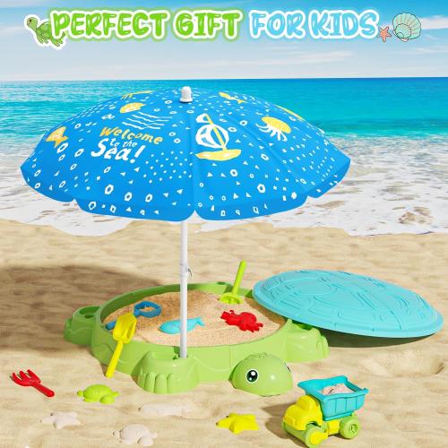 Upgraded Kids Turtle Sandbox with Lid & Adjustable Umbrella, Truck Toy & 8pcs Sand Shovels, Sand Box with Cover, Beach Toys for Toddlers 3-5, Plastic Indoor Outdoor Play Toys Gift for Girls Boys