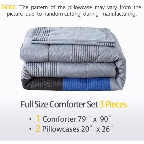Andency Full Size Blue Comforter  Gray and Blue Patchwork Striped Comforter, Soft Down Alternative Comforter Bedding