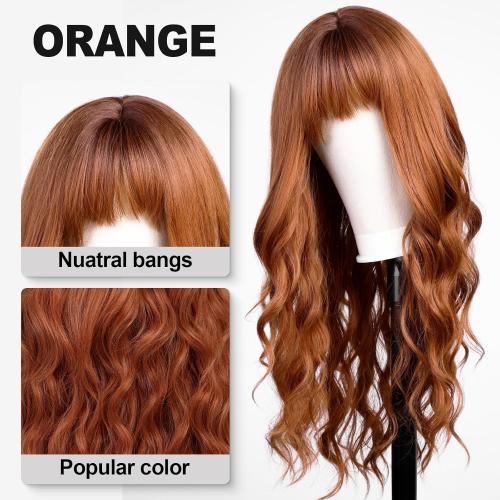 Orange Wigs with Bangs,Ginger Long Wavy Wig for Women,Long Curly Synthetic Hair Wig for Party Daily Use 24IN