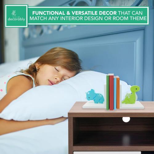 Decorably Dinosaur Book Ends for Shelves - 1 Set Non-Skid Wooden Dinosaur Book Holder, Kids Bookends for Shelves, Baby's Nursery, Classroom