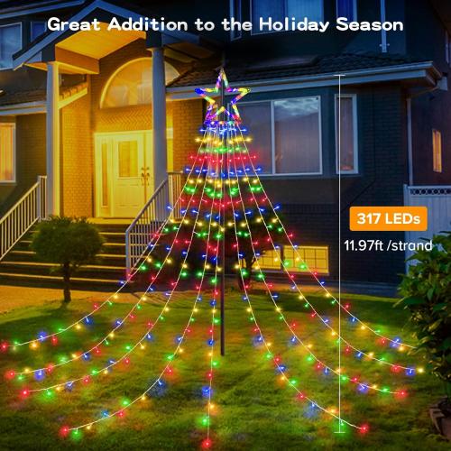 BlcTec Outdoor Christmas Decorations 317 LEDs Christmas Lights with 9 Strands 11.9ft Waterfall Christmas Tree Lights, 8 Modes, Waterproof, Topper Star & Timer for Yard Patio Xmas Décor, Multicolor