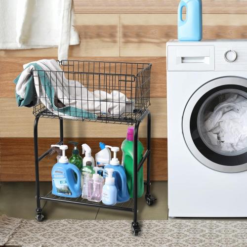 Rolling wire Laundry Basket with Wheels,Metal luandry cart for Room Organizer, garment laundry and storage (Black)