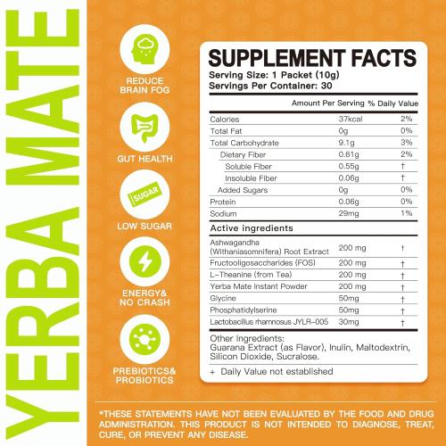 WUEIS Yerba Mate Instant Tea Powder – Clean Energy, Prebiotic Support & Gut Health – Low Sugar, Natural Caffeine, Orange Flavor, 30 Single-Serve Sticks