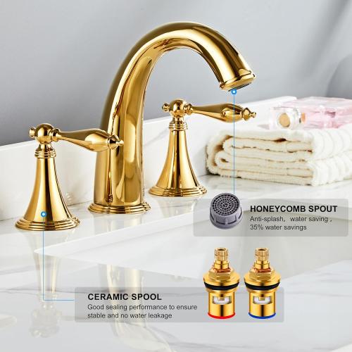 SaniteModar Polished Gold Bathroom Sink Faucet,Brass Bathroom Faucet 3 Hole,Widespread Bathroom Faucet for Sink 3 Hole,2 Handles Design with Water Supply Lines