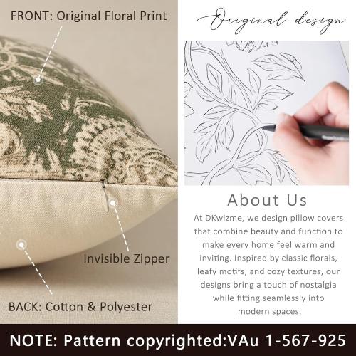 Vintage Floral Print Throw Pillow Covers 18x18 Set of 2 Neutral Modern Farmhouse Pillowcases Accent Decorative Cushion Covers Boho Home Decor for Couch Sofa Chair Bed Living Room, Olive Green