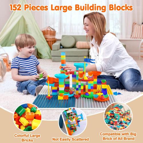 7-in-1 Toddler Activity Table & 4 Chairs STEM Building Set Kids Ages 3–7 | 152PCS Large Marble Maze and Building Blocks with Kids Sensory Sand and Water Table, STEM Learning Toy for Boys and Girls