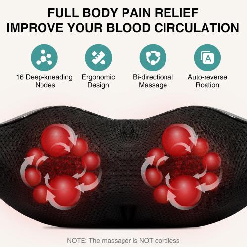 Nekteck Shiatsu Neck Massager with Heat for Pain Relief, Gray, NOT Cordless