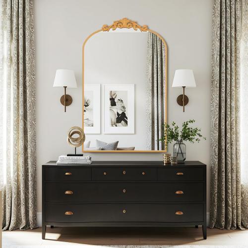 Filigree Arched Wall Mirror 26x38 Retro Wall-Mounted Mirror with Vintage Ornate Carved Applique Hanging Leaning Antique Home Decor Mirror for Fireplace Living Room Entryway Hallway Bathroom, Gold