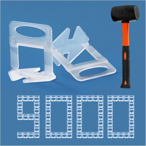 Tile Leveling System 1/8 Spacers Tile Leveler Clips DIY Tile Leveler Spacers 9000 Pcs and Tools Harden Rubber Mallet Hammer 16 oz for Professional Ceramic Tile and Stone Installation