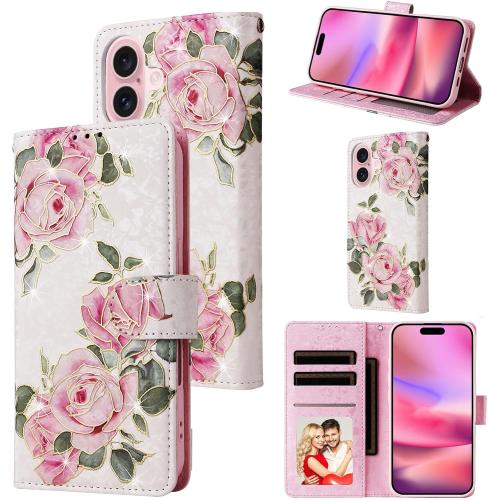 UEEBAI Wallet Case for iPhone 16 Plus, PU Leather Phone Cover Kickstand RFID Blocking Flip Case Card Slots Wrist Strap Relief Engraved Pattern Magnetic Closure Flower Folio Wallet, White Rose