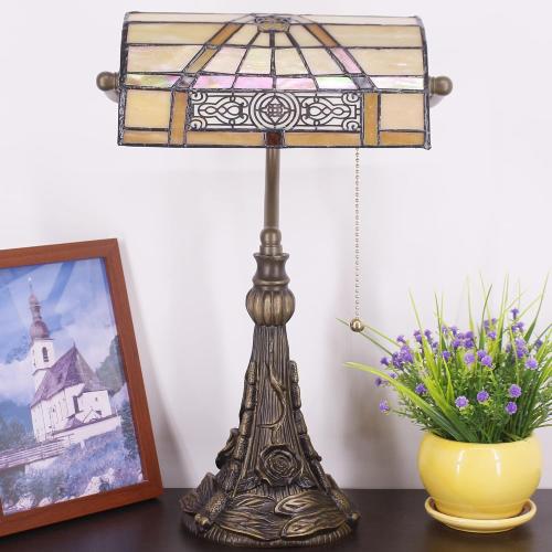 Tiffany Banker Lamp Small Stained Glass Table Lamp Tiffany Style Piano Light Yellow Mission Style Desk Lamp Angle Adjustable 10.6X15.7 Inch for Home Office Living Room Bedroom