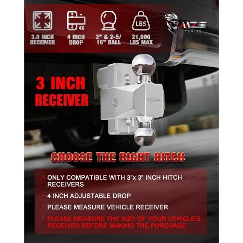 MZS Adjustable Trailer Hitch - Fits 3 Inch Receiver Hitch - 4-Inch Adjustable Drop Hitch - Heavy Duty Aluminum Tow Hitch for Truck(21,000 LBS GTW) Chrome