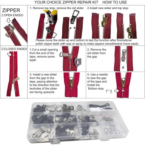 254 Pcs Zipper Repair Kit with Case Include Zipper Replacement and Pull, Universal Zippers Replacement kit for Cloting, Jackets, Coat, Boot, Backpack, Purse and Outdoor Gear