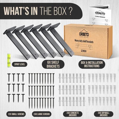 6 Pack Heavy Duty Shelf Brackets (12) Black Metal (6mm Thick), Supports Over 160 Lbs, Powder Coated, Mounting Hardware, Easy Installation