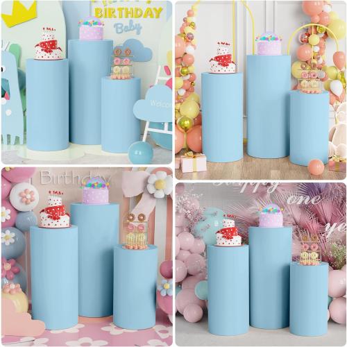 Wokceer Spandex Cylinder Stand Covers for Party 3Pcs Cylinder Pedestal Covers Plinth Stand Pillar Cover for Birthday Party Wedding Props Decor Dusty Blue