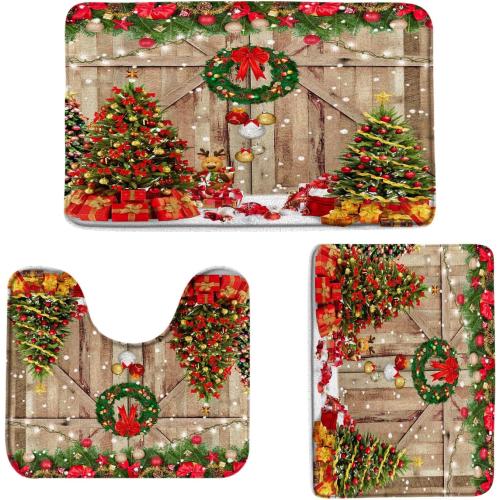 3 Pieces Farmhouse Christmas Bath Mat Set Winter Xmas Tree Bathroom Home Decor Wooden Barn Door Country Vintage Snowflake New Year Holiday Bathroom Rug Toilet Bedroom Laundry Kitchen Mat