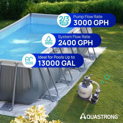 AQUASTRONG 14in Sand Filter Pump for Above Ground Pool with Timer, 2/3 HP Pool Pumps Above Ground 3000 GPH for Pools up to 13000 GAL, Pool Filter with 6-Way Valve, Improved Circulation and Filtration‼️light dirt and good condition‼️