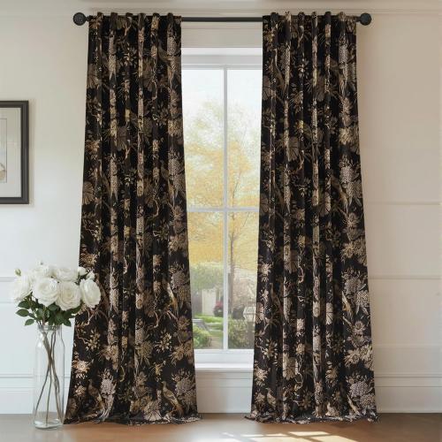 RYB HOME Brown Velvet Curtains Large, Printed Floral Bird Vintage Design Home Decoration Thermal Insulated Room Darkening Drapes for Bedroom Living Room, , 2 Panels