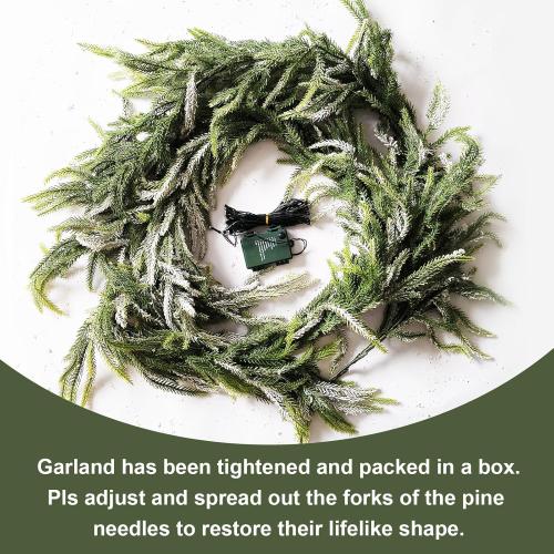 9FT Christmas Garlands Norfolk Pine Garland, Real Touch Artificial Winter Pine Garland, Green Artificial Greenery Garlands with Snowflake for Wall, Mantle, Table, Indoor, Outdoor Christmas Decorations