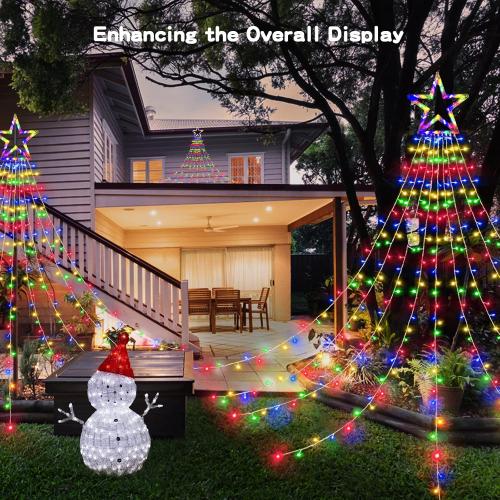 BlcTec Outdoor Christmas Decorations 317 LEDs Christmas Lights with 9 Strands 11.9ft Waterfall Christmas Tree Lights, 8 Modes, Waterproof, Topper Star & Timer for Yard Patio Xmas Décor, Multicolor