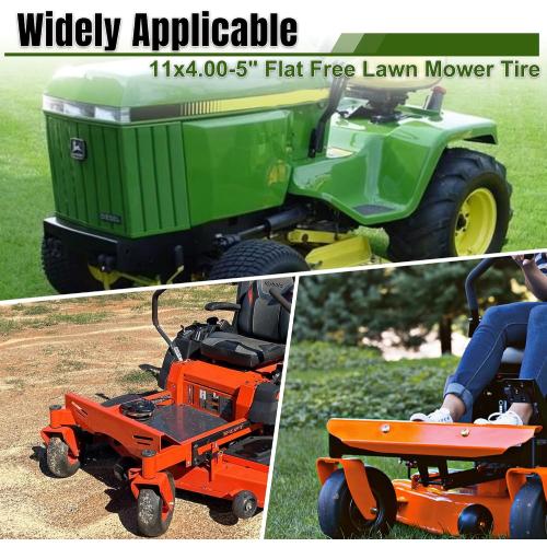 TWO 11x4.00-5 Flat Free Lawn Mower Tires on Wheels, Universal Fit 11x4.00-5 Smooth Tread Tire for Zero Turn Lawn Mowers - with 3/4 Bushings and 3.4-5 Centered Hub - Contain Adapter Kit | Black-2Pcs